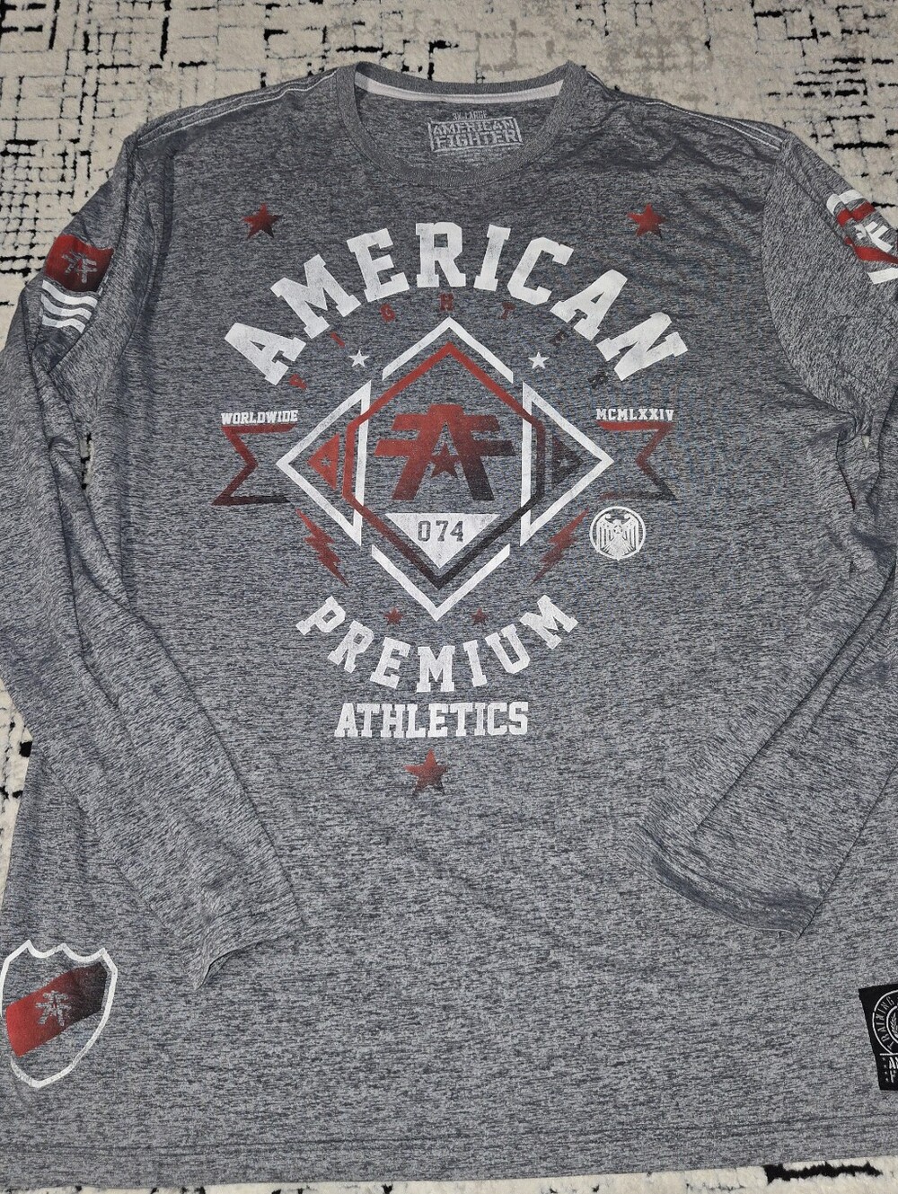 American Fighter Gray Long Sleeve Graphic Tee with Red & White Accents
